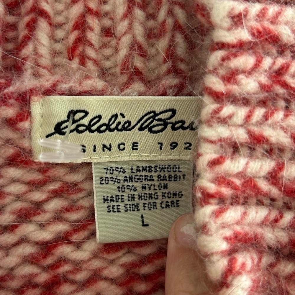 Eddie Bauer chunky knit sweater turtle red/white 70% lamb wool 20% rabbit size L - Picture 3 of 6